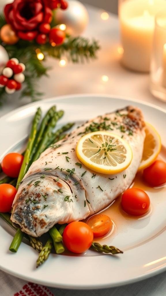 A festive plate of baked Dorado with vegetables, garnished with herbs, on a Christmas-themed table.